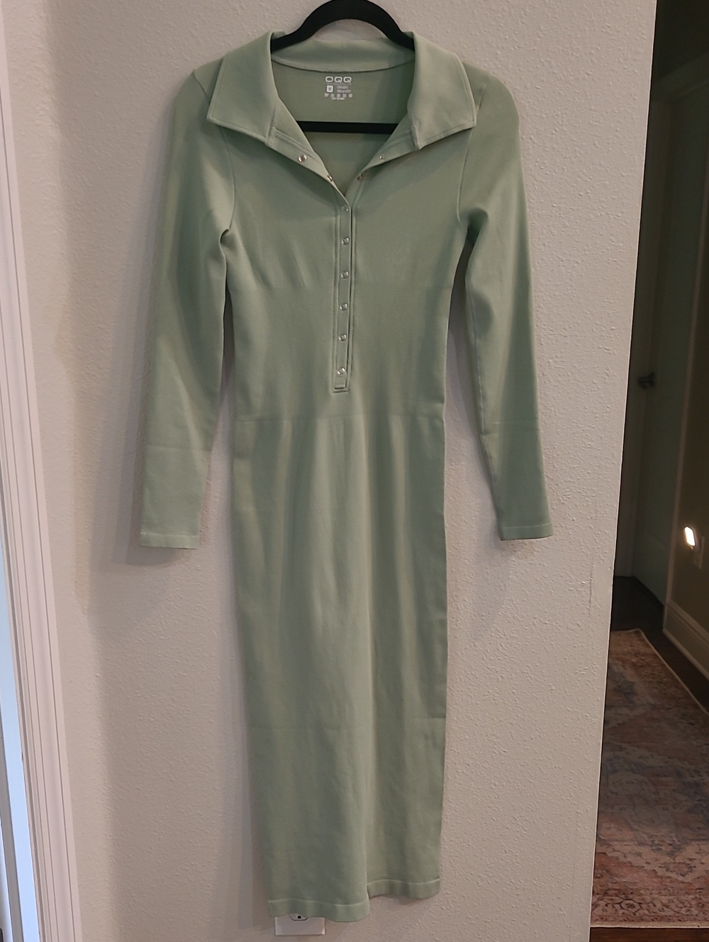 OQQLong Sleeve Sage Green Snap-Front Midi Dress Size Med
